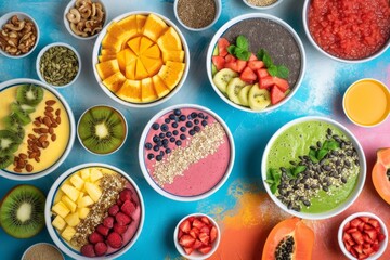 A variety of bowls filled with different types of food, including smoothie bowls, arranged neatly on a tabletop