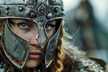 Warrior woman in medieval helmet