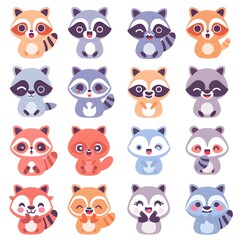 Cute Pastel Raccoon Emoticon Pack with Diverse Expressions and Reactions in Minimalist Style