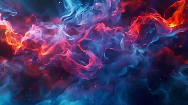 Thin wispy strands of fiery red and cool blue intertwine around the quarks demonstrating the delicate balance of the strong force.