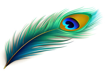 Colorful peacock feather isolated on white background. 
