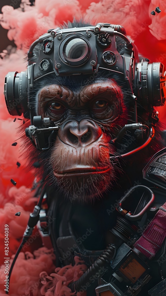 Poster cybernetically augmented simian combatant set against mystical smoke-filled background