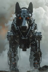 Fototapeta premium Cybernetically Enhanced Canine Combatant in Advanced Robotic Exoskeleton with Bionic Limbs and Razor-Sharp Titanium Claws