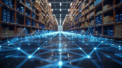 A holographic projection of a supply chain network diagram in a logistics center, business, dynamic and dramatic compositions, with copy space