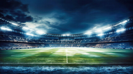 A sprawling football stadium hosting a vibrant green field surrounded by towering stands, ready for a thrilling match