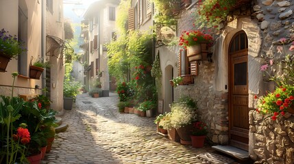 Obraz premium Charming Cobblestone Alley in a Quaint European Village with Flowering Balconies