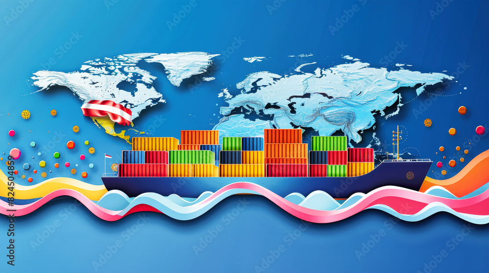 Poster a world map featuring a container ship sailing across the ocean, surrounded by colorful balloons flo