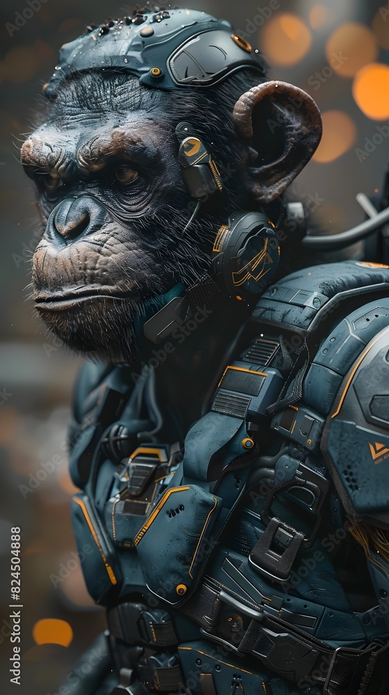 Poster cybernetically enhanced simian warrior combatant stands amidst mystical smoke in 3d visualization