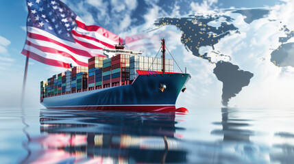 A container ship sails elegantly with an American flag flying in the background, symbolizing international commerce and sea transportation
