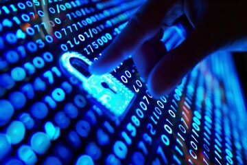 Neon blue padlock icon being activated on a digital interface by hand in a high security data center