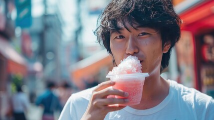 A lonely young man is eating cold shaved ice. Beautiful colors of summer in Japan