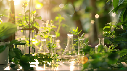 A table adorned with various glass flasks filled with lush green plants, creating a whimsical and enchanting botanical display