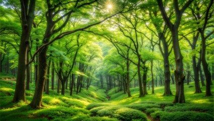 A sunlit path winds through a vibrant green forest in the early morning light