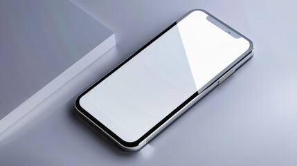 A sleek silver cell phone resting gracefully on a polished table, a modern symbol of connectivity and technology. Mockup for design