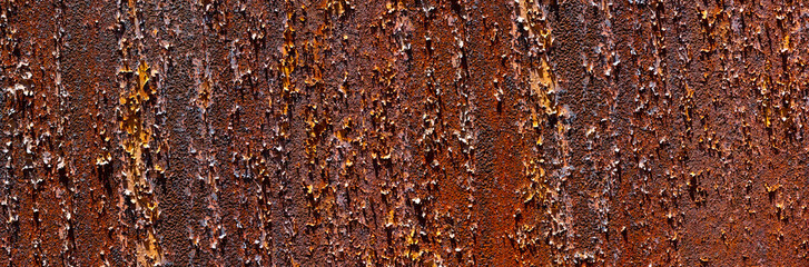 Rusted steel with a corroded porous surface in the shades of orange, brown, red, yellow, gray and...