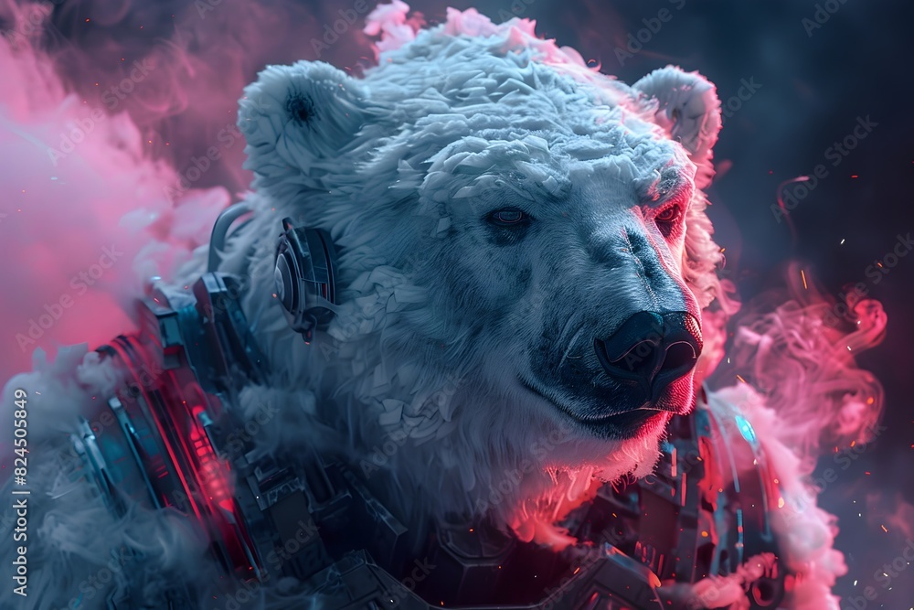 Canvas Prints Cyborg Polar Bear Warrior Wielding Futuristic Weapons Amid Mesmerizing Smoke Cloud