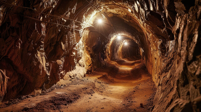 A tunnel in an underground mine glows with lights running along the center, creating a mesmerizing and surreal atmosphere