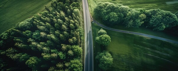 Aerial view of a winding rural road through a lush green landscape with trees and fields on either side, portraying serene countryside scenery.