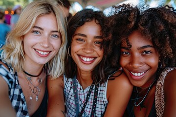 Obraz premium Three young women taking selfies