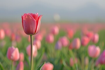 Obraz premium Vibrant red tulip in a field of pink tulips