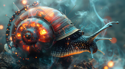Cyborg Snail Warrior - Fusion of Advanced Robotics and Ancient Mollusk Biology in Prismatic Haze