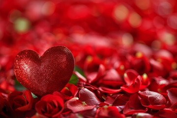 Romantic red rose petals and glittering heart