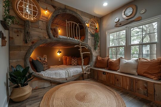 Adventure-themed kids bedroom with a loft bed and imaginative play areas