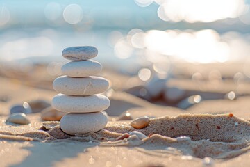 Peaceful zen stones on sandy beach with blurred ocean background