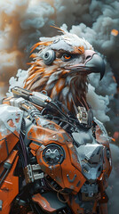 Fototapeta premium Dramatic Cyborg Eagle Warrior Blending Organic and Synthetic Elements in Moody Atmospheric Backdrop