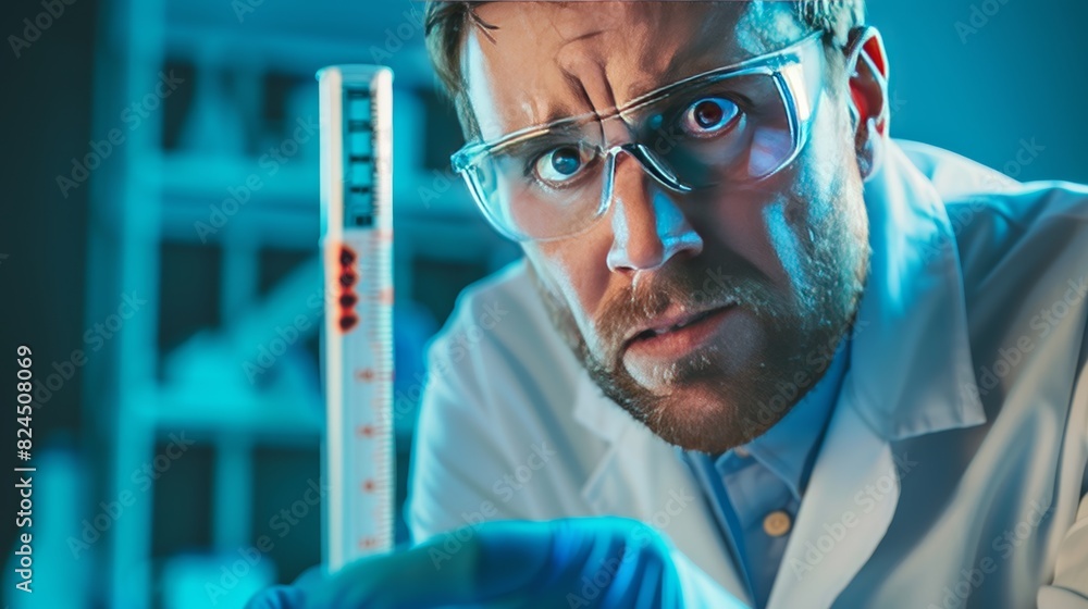 Poster a scientist looking at a thermometer that is off the charts, with a look of horror on their face.