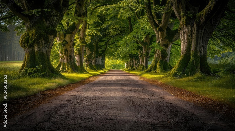 Poster enchanting forest pathway lined with lush green trees, creating a serene and magical atmosphere perf