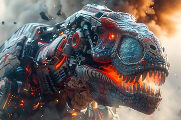Mesmerizing 3D Depiction of the Cyborg Dinosaur Warrior, a Captivating Blend of Prehistoric Power and High-Tech Enhancement, Surrounded by Vibrant