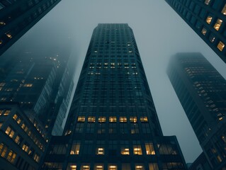 towering skyscraper in a misty urban landscape