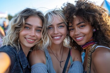 Fototapeta premium Three young women taking selfies