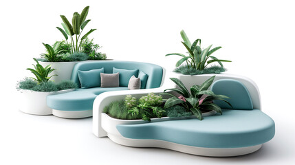 Futuristic  soft blue seating with a green plant pot, An abstract design for the future isolate on a white background  