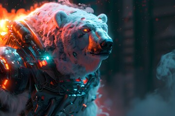 Mesmerizing Cyborg Polar Bear Warrior Emitting Captivating Colorful Smoke in Otherworldly Glow Against Dark Mysterious Backdrop