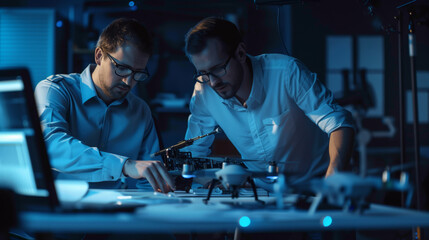 Two UAV developers are designing a new drone. Two men are repairing a drone in a dimly lit room