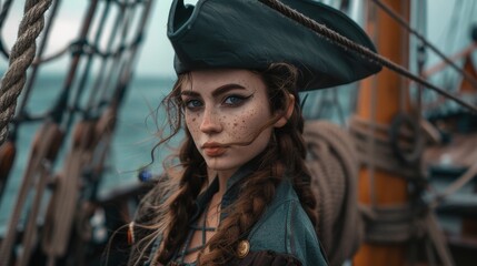Mysterious pirate woman with braided hair and freckles