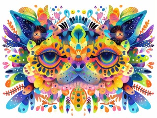 A colorful cat face with a flowery design