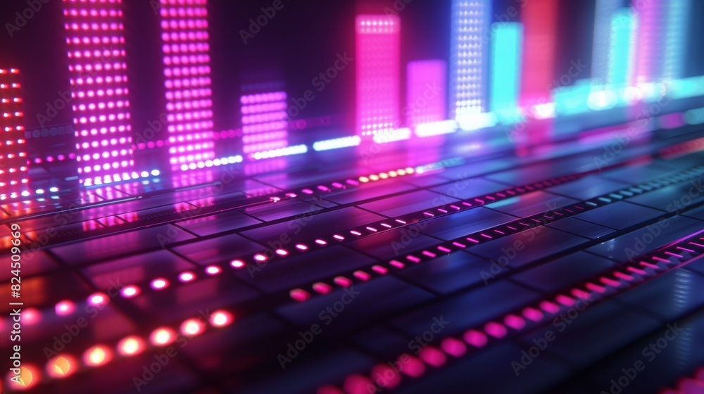 Poster A retro-futuristic music equalizer seamless loop background with glowing neon tubes illuminating the spectrum analyzer bars, rendered in a nostalgic 80s aesthetic.