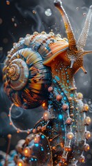 Obraz premium Meticulously Crafted Cyborg Snail Warrior Poised to Strike Amid Hazy Smoke Backdrop
