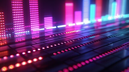 Fototapeta premium A retro-futuristic music equalizer seamless loop background with glowing neon tubes illuminating the spectrum analyzer bars, rendered in a nostalgic 80s aesthetic.