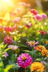 Fototapeta premium Colorful zinnia flowers blooming in a sunlit garden