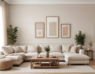 Naklejka premium Frame mockup, ISO A paper size. Living room wall poster mockup. Living Room. Interior mockup with house background. Modern interior design. 3D render