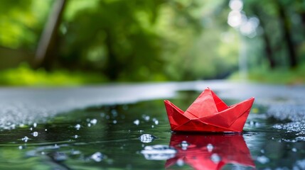 Simple Paper Boat Floating in Puddle During Rain, Evoking Childhood Innocence.