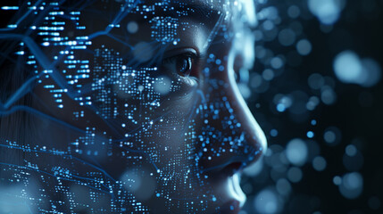 Close-up of a candid portrait of a cyborg woman. A young woman is working with a large amount of data. The global Internet network