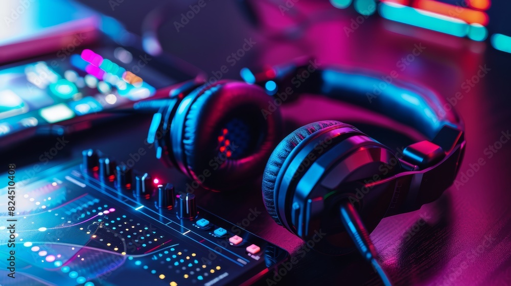 Poster a portable equalizer clipped to a pair of headphones, with a colorful music streaming app open on a 