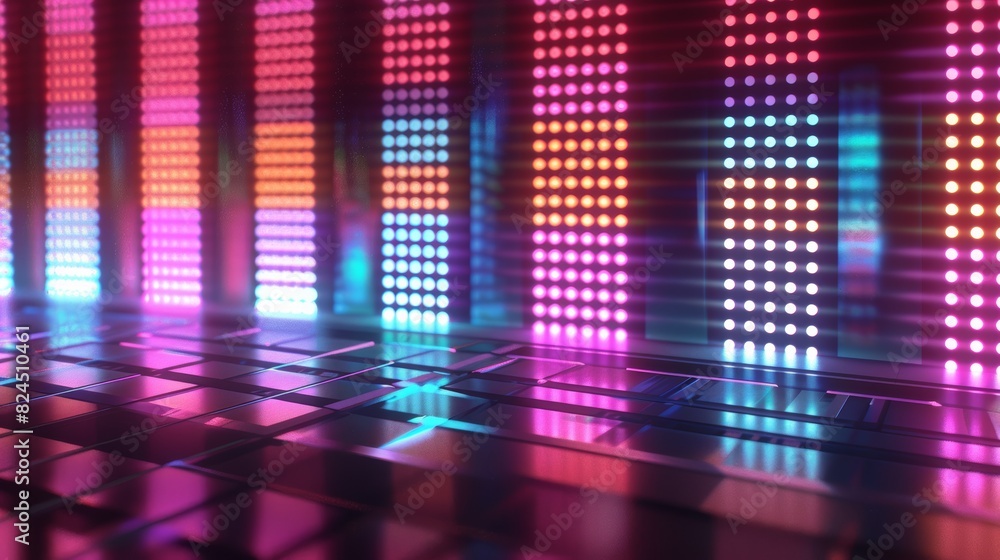 Poster a retro-futuristic music equalizer seamless loop background with glowing neon tubes illuminating the