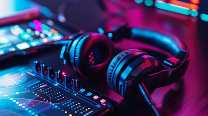 A portable equalizer clipped to a pair of headphones, with a colorful music streaming app open on a smartphone in the background.