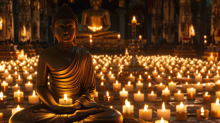a statue of a person sitting in a room with many candles